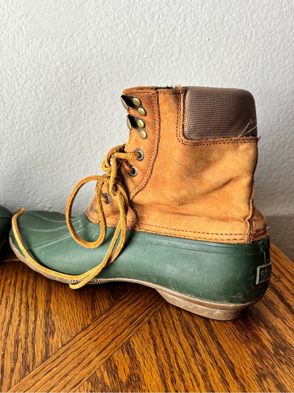 Women’s Two-Tone Green and Brown Waterproof Duck Boots - Picture 3 of 6
